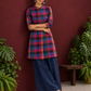 Madras checks Cotton Co ord with Mandarin Collar and Contrast Navy Button Placket and navy blue Farshi Salwar — side view