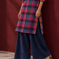 Madras checks Cotton Co ord with Mandarin Collar and Contrast Navy Button Placket and navy blue Farshi Salw — fabric close-up