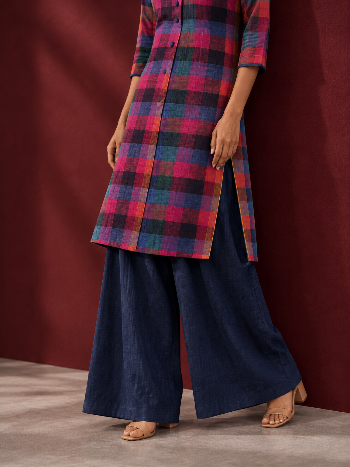Madras checks Cotton Co ord with Mandarin Collar and Contrast Navy Button Placket and navy blue Farshi Salw — fabric close-up