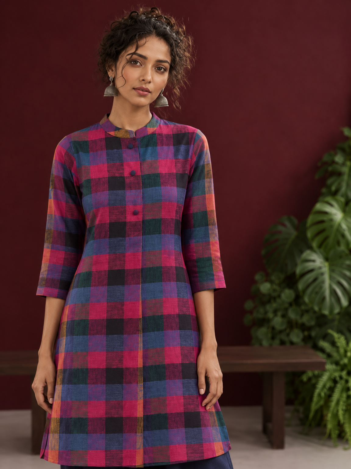 Madras checks Cotton Co ord with Mandarin Collar and Contrast Navy Button Placket and navy blue Farshi Salwar — styled view
