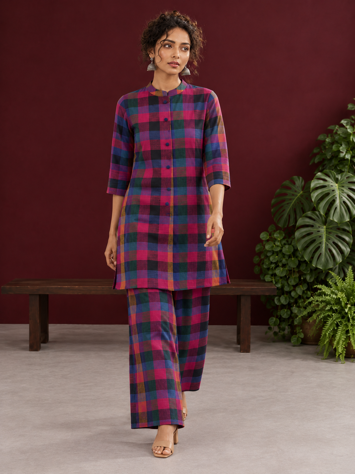 Madras checks Cotton Co ord with Mandarin Collar and Contrast Navy Button Placket and navy blue Farshi Salwar — in motion