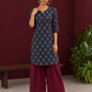 Navy Blue Cotton Kurta with Floral Ajrakh Print & Maroon Contrast Sleeve Cuffs and Maroon Farshi Salwar — front view