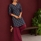 Navy Blue Cotton Kurta with Floral Ajrakh Print & Maroon Contrast Sleeve Cuffs and Maroon Farshi Salwar — side view