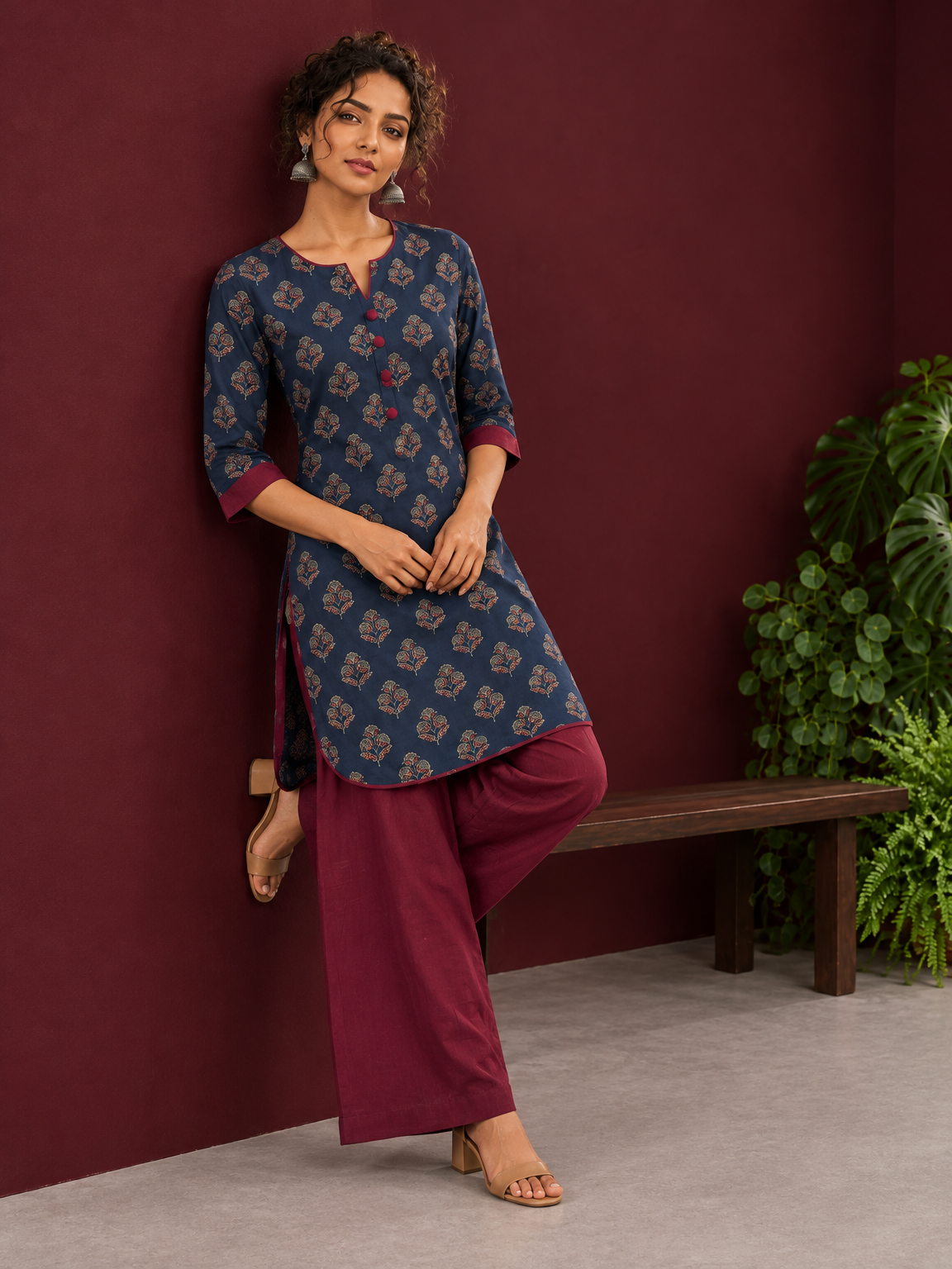 Navy Blue Cotton Kurta with Floral Ajrakh Print & Maroon Contrast Sleeve Cuffs and Maroon Farshi Salwar — side view