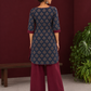 Navy Blue Cotton Kurta with Floral Ajrakh Print & Maroon Contrast Sleeve Cuffs and Maroon Farshi Salwar — back view