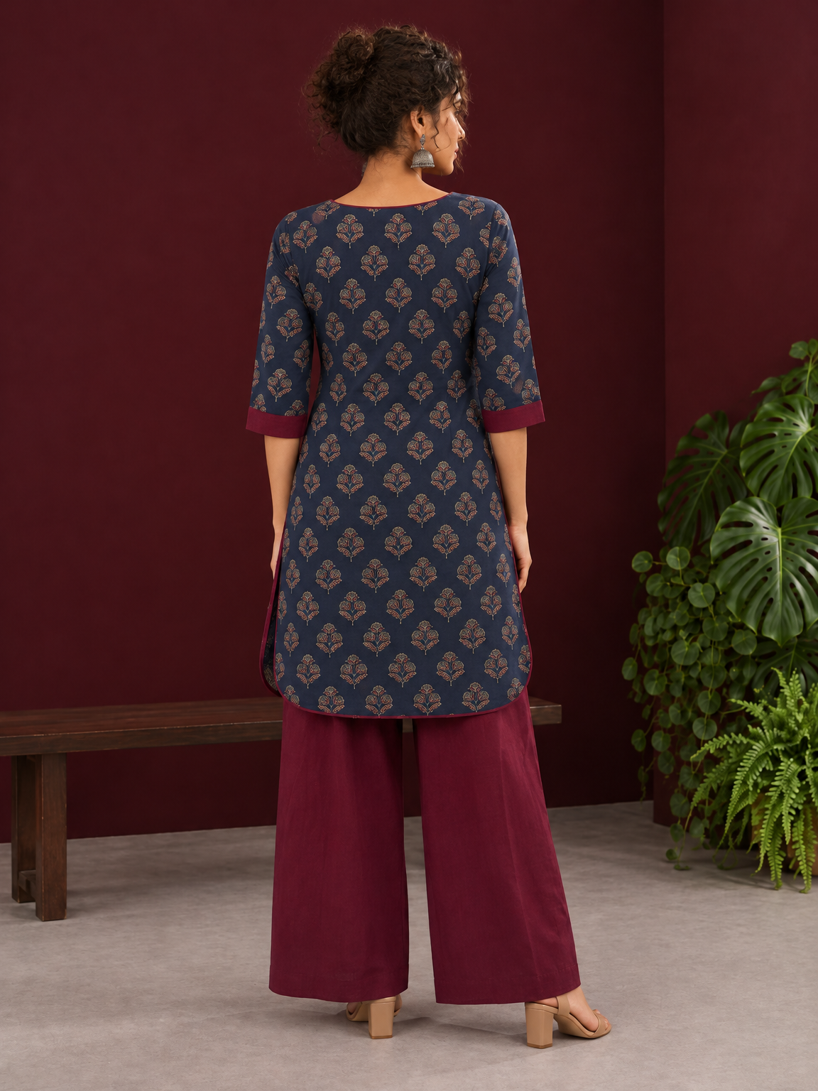 Navy Blue Cotton Kurta with Floral Ajrakh Print & Maroon Contrast Sleeve Cuffs and Maroon Farshi Salwar — back view