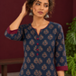 Navy Blue Cotton Kurta with Floral Ajrakh Print & Maroon Contrast Sleeve Cuffs and Maroon Farshi Salwar — styled view