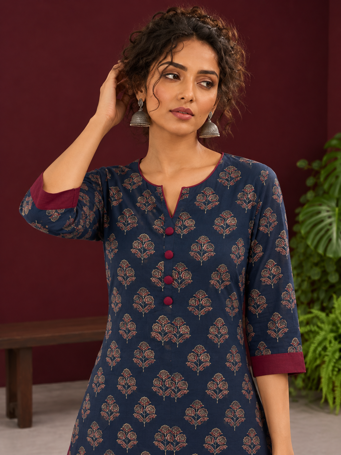 Navy Blue Cotton Kurta with Floral Ajrakh Print & Maroon Contrast Sleeve Cuffs and Maroon Farshi Salwar — styled view