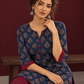 Navy Blue Cotton Kurta with Floral Ajrakh Print & Maroon Contrast Sleeve Cuffs and Maroon Farshi Salwar — seated detail
