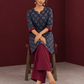 Navy Blue Cotton Kurta with Floral Ajrakh Print & Maroon Contrast Sleeve Cuffs and Maroon Farshi Salwar — seated