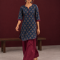 Navy Blue Cotton Kurta with Floral Ajrakh Print & Maroon Contrast Sleeve Cuffs and Maroon Farshi Salwar — in motion