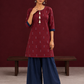 Classic Maroon Cotton Co ord with Navy Blue Contrast Trim and Triangle Print with Tassel Detailing with navy blu — front view