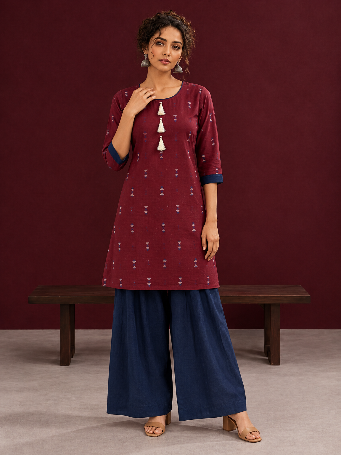 Classic Maroon Cotton Co ord with Navy Blue Contrast Trim and Triangle Print with Tassel Detailing with navy blu — front view