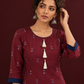 Classic Maroon Cotton Co ord with Navy Blue Contrast Trim and Triangle Print with Tassel Detailing with navy bl — styled view