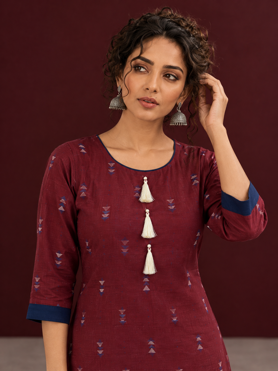 Classic Maroon Cotton Co ord with Navy Blue Contrast Trim and Triangle Print with Tassel Detailing with navy bl — styled view