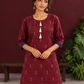 Classic Maroon Cotton Co ord with Navy Blue Contrast Trim and Triangle Print with Tassel Detailing with navy — fabric detail