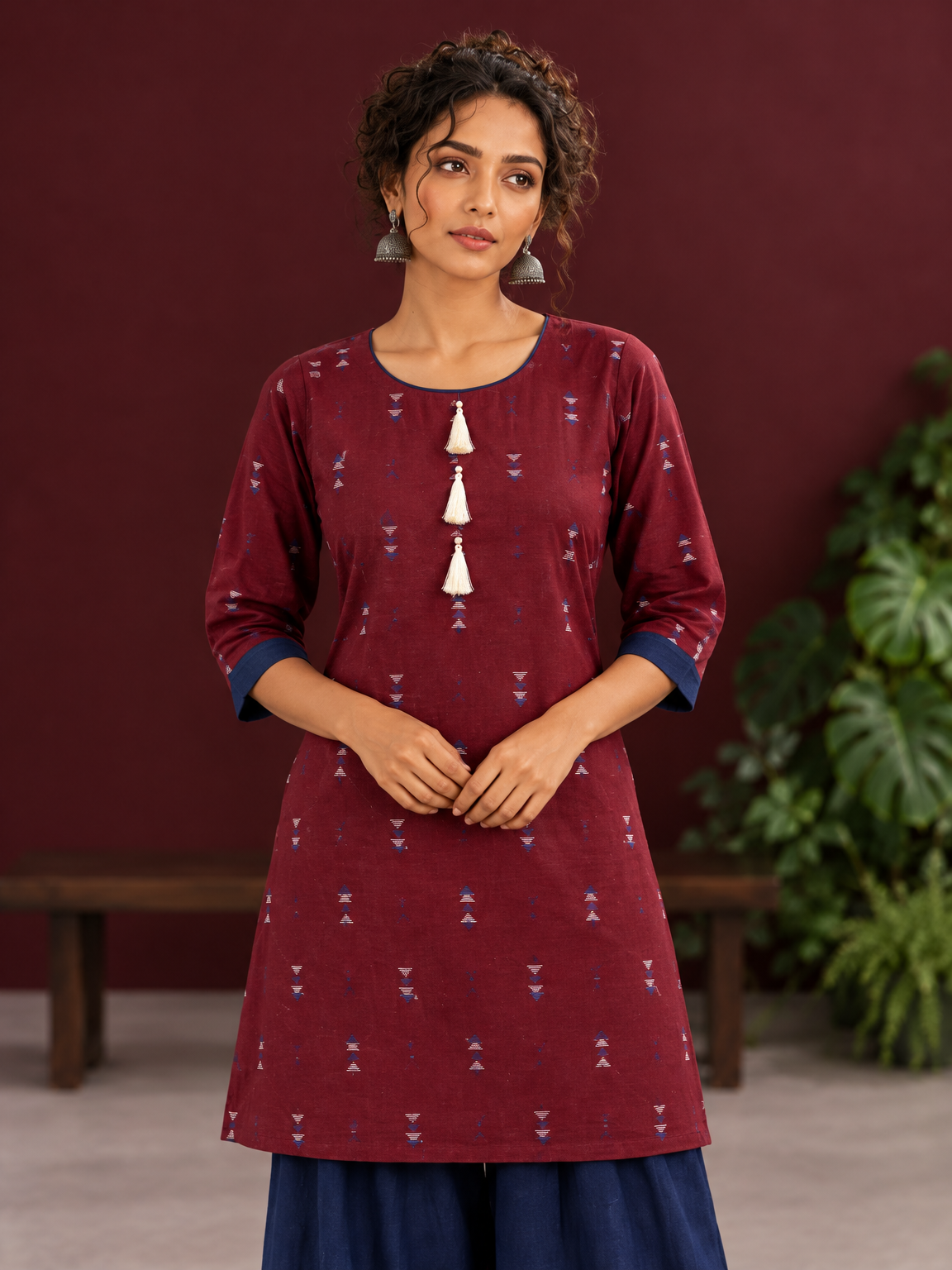 Classic Maroon Cotton Co ord with Navy Blue Contrast Trim and Triangle Print with Tassel Detailing with navy — fabric detail