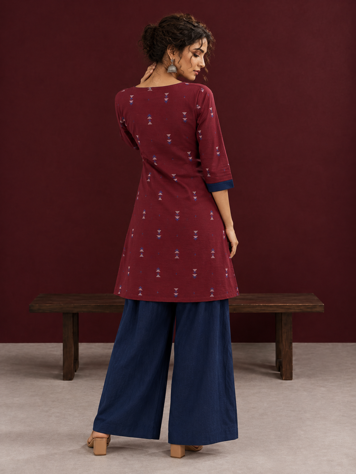 Classic Maroon Cotton Co ord with Navy Blue Contrast Trim and Triangle Print with Tassel Detailing with navy blue — back view