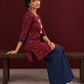 Classic Maroon Cotton Co ord with Navy Blue Contrast Trim and Triangle Print with Tassel Detailing with navy blue Fa — seated
