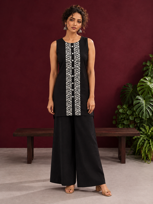 Elegant Black Cotton Sleeveless Coord with White Floral lace Front Placket & Buttons with black palazzo pants — front view