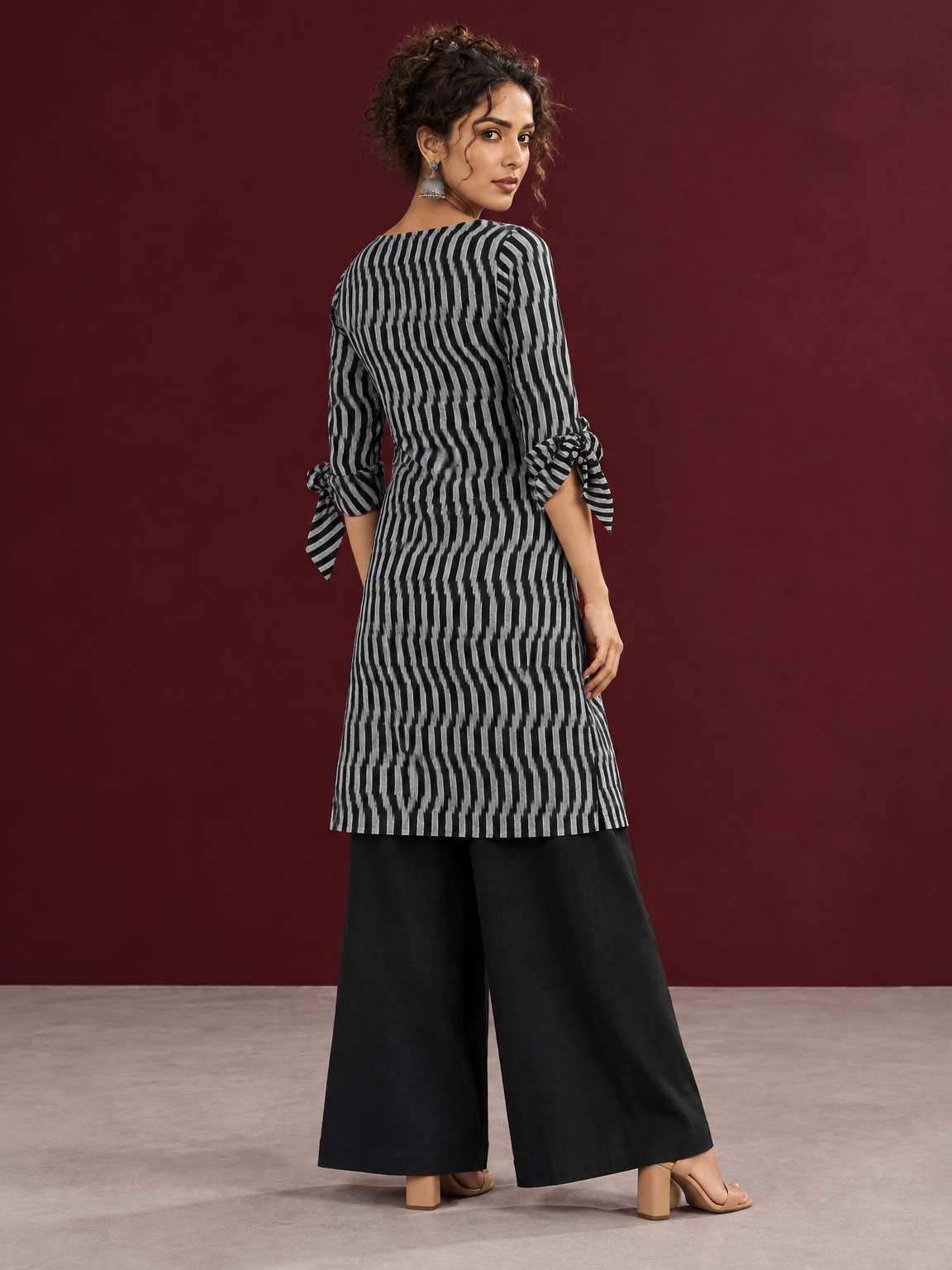 Monochrome Black and Grey Ikat Striped Cotton Coord with Tie-Up Bell Sleeve Cuffs and Buttons with Black Palazzo — back view