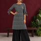 Monochrome Black and Grey Ikat Striped Cotton Coord with Tie-Up Bell Sleeve Cuffs and Buttons with Black Palazzo — front view