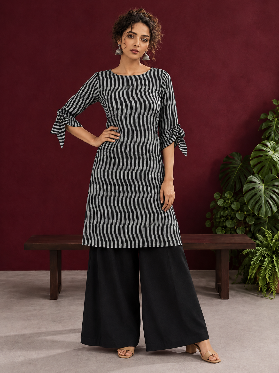 Monochrome Black and Grey Ikat Striped Cotton Coord with Tie-Up Bell Sleeve Cuffs and Buttons with Black Palazzo — front view