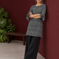 Monochrome Black and Grey Ikat Striped Cotton Coord with Tie-Up Bell Sleeve Cuffs and Buttons with Black Palazzo — side view