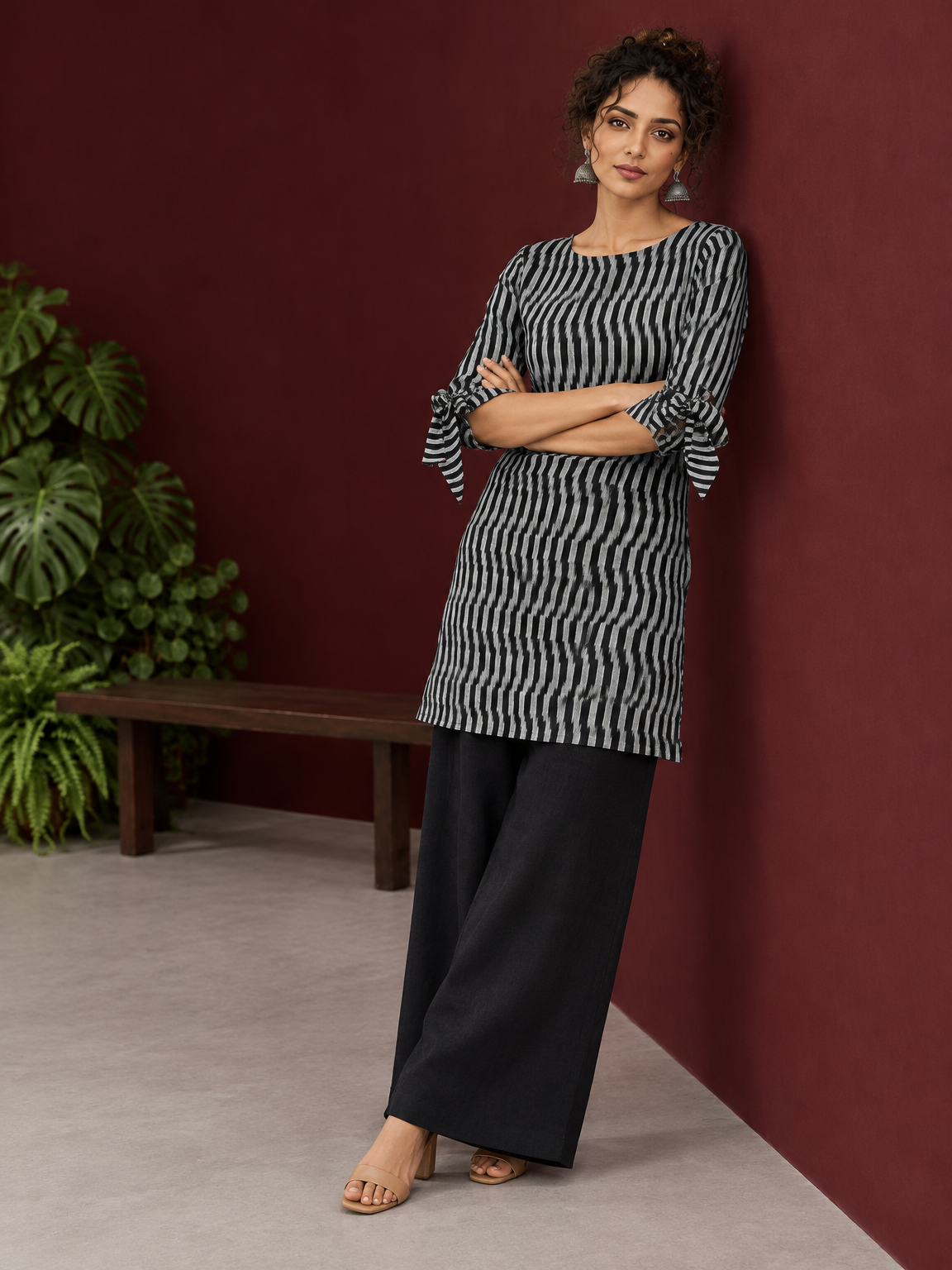Monochrome Black and Grey Ikat Striped Cotton Coord with Tie-Up Bell Sleeve Cuffs and Buttons with Black Palazzo — side view
