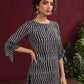 Monochrome Black and Grey Ikat Striped Cotton Coord with Tie-Up Bell Sleeve Cuffs and Buttons with Black Pala — fabric detail