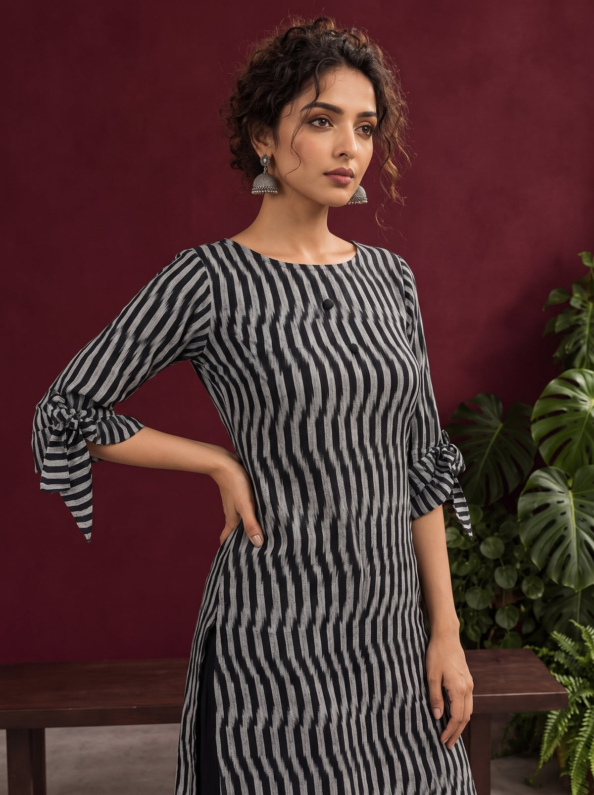 Monochrome Black and Grey Ikat Striped Cotton Coord with Tie-Up Bell Sleeve Cuffs and Buttons with Black Pala — fabric detail