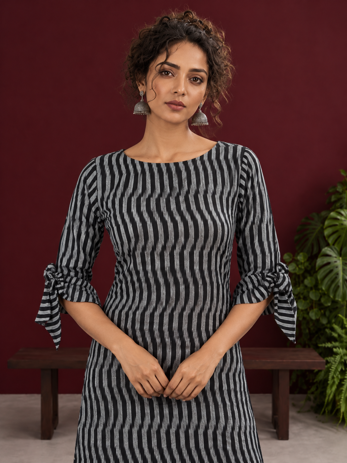 Monochrome Black and Grey Ikat Striped Cotton Coord with Tie-Up Bell Sleeve Cuffs and Buttons with Black Palazz — styled view