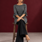Monochrome Black and Grey Ikat Striped Cotton Coord with Tie-Up Bell Sleeve Cuffs and Buttons with Black Palazzo pan — seated