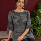Monochrome Black and Grey Ikat Striped Cotton Coord with Tie-Up Bell Sleeve Cuffs and Buttons with Black Pala — seated detail