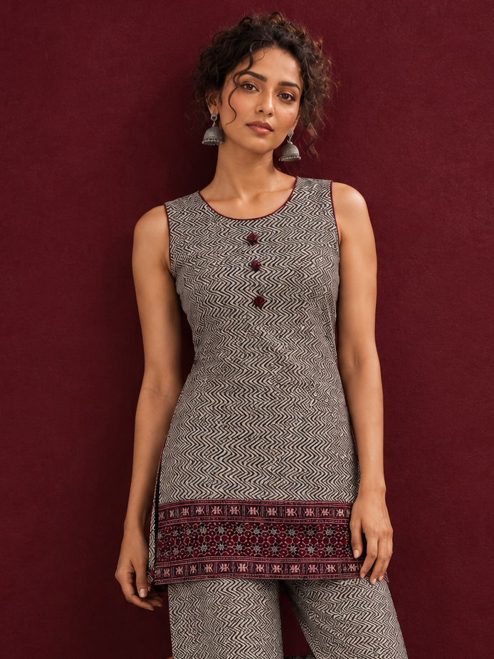 Classic Beige & Black Ajrakh Print Co-Ord Set with Maroon Floral Border Detail — side view