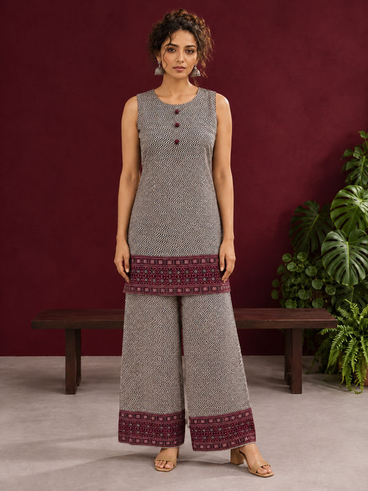 Classic Beige & Black Ajrakh Print Co-Ord Set with Maroon Floral Border Detail — front view