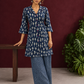 Indigo Cotton Co-Ord Set with White Fish Print Collared Tunic & zig zag Printed Pants — front view