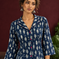 Indigo Cotton Co-Ord Set with White Fish Print Collared Tunic & zig zag Printed Pants — fabric detail