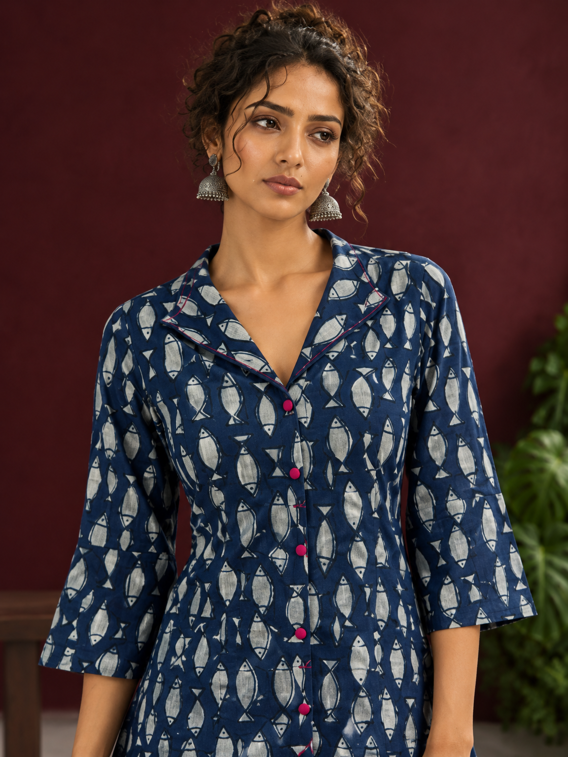 Indigo Cotton Co-Ord Set with White Fish Print Collared Tunic & zig zag Printed Pants — fabric detail