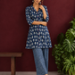 Indigo Cotton Co-Ord Set with White Fish Print Collared Tunic & zig zag Printed Pants — side view