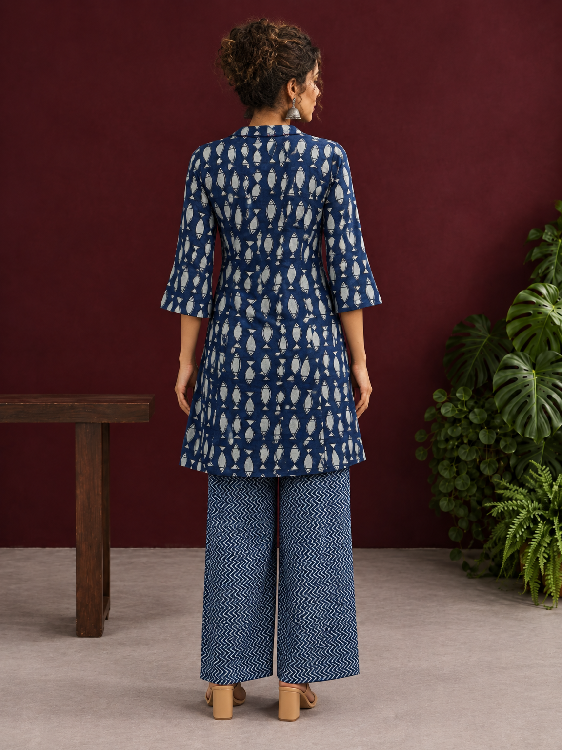 Indigo Cotton Co-Ord Set with White Fish Print Collared Tunic & zig zag Printed Pants — back view