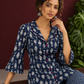 Indigo Cotton Co-Ord Set with White Fish Print Collared Tunic & zig zag Printed Pants — seated detail
