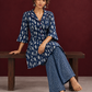 Indigo Cotton Co-Ord Set with White Fish Print Collared Tunic & zig zag Printed Pants — seated
