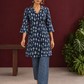 Indigo Cotton Co-Ord Set with White Fish Print Collared Tunic & zig zag Printed Pants — in motion