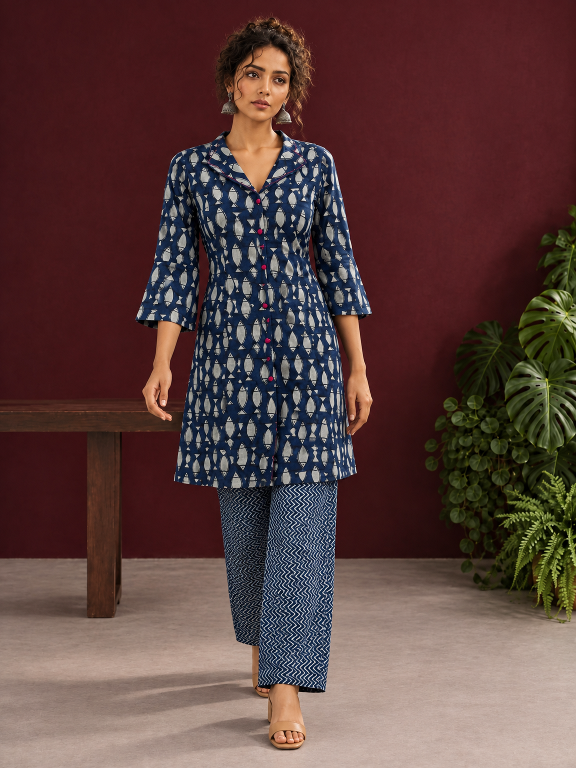 Indigo Cotton Co-Ord Set with White Fish Print Collared Tunic & zig zag Printed Pants — in motion