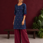 Navy Blue Cotton Co-Ord Set with Maroon Contrast Cuffs and Scoop Neckline Piping and maroon Farshi pants — front view