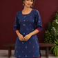 Navy Blue Cotton Co-Ord Set with Maroon Contrast Cuffs and Scoop Neckline Piping and maroon Farshi pants — fabric detail