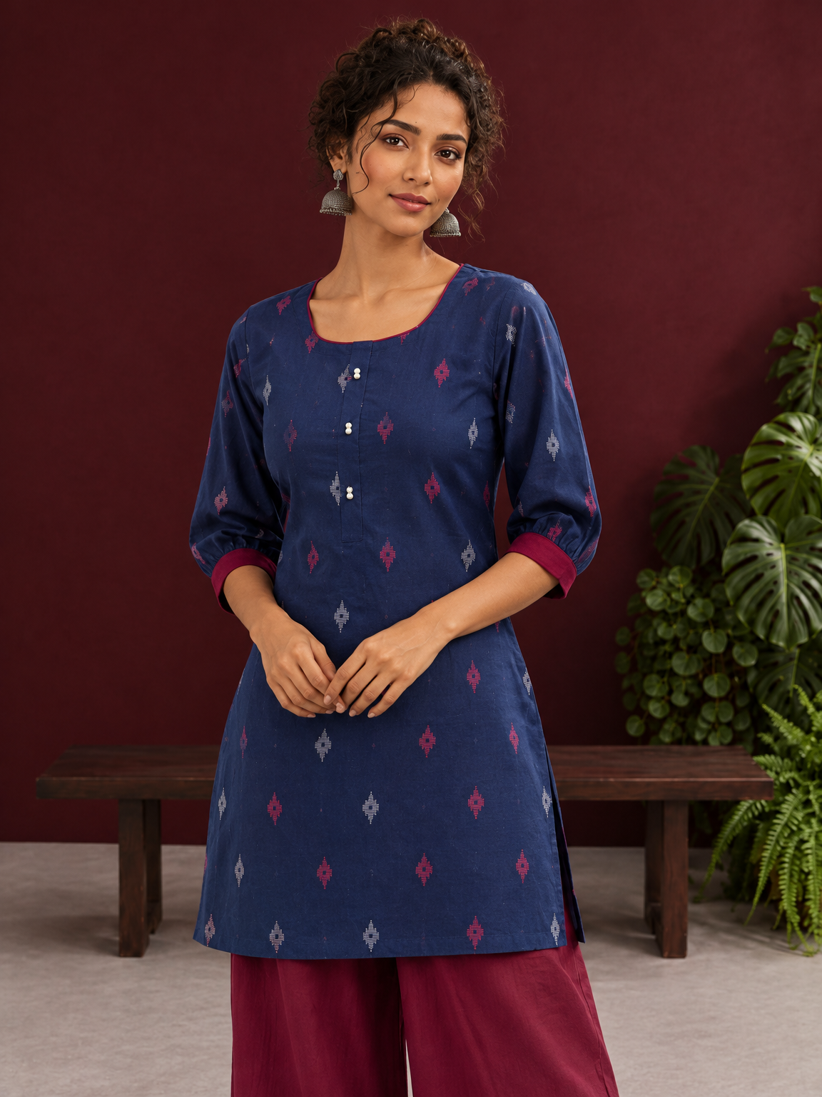Navy Blue Cotton Co-Ord Set with Maroon Contrast Cuffs and Scoop Neckline Piping and maroon Farshi pants — fabric detail