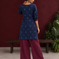 Navy Blue Cotton Co-Ord Set with Maroon Contrast Cuffs and Scoop Neckline Piping and maroon Farshi pants — back view