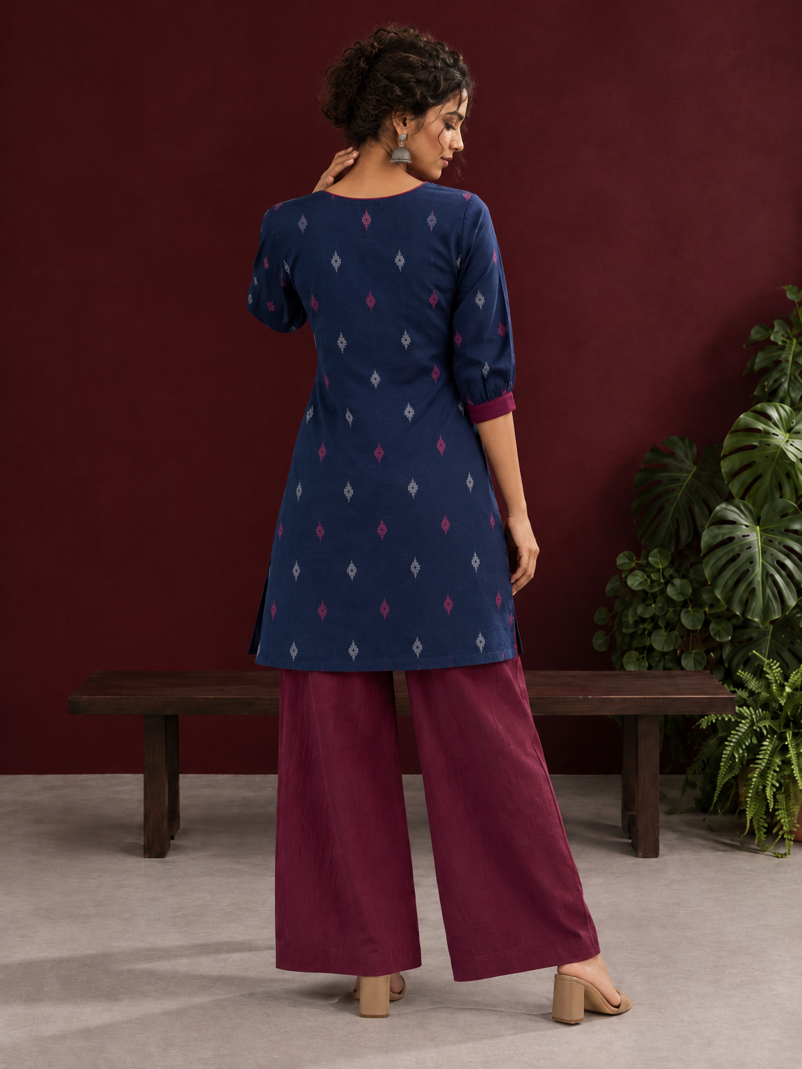 Navy Blue Cotton Co-Ord Set with Maroon Contrast Cuffs and Scoop Neckline Piping and maroon Farshi pants — back view